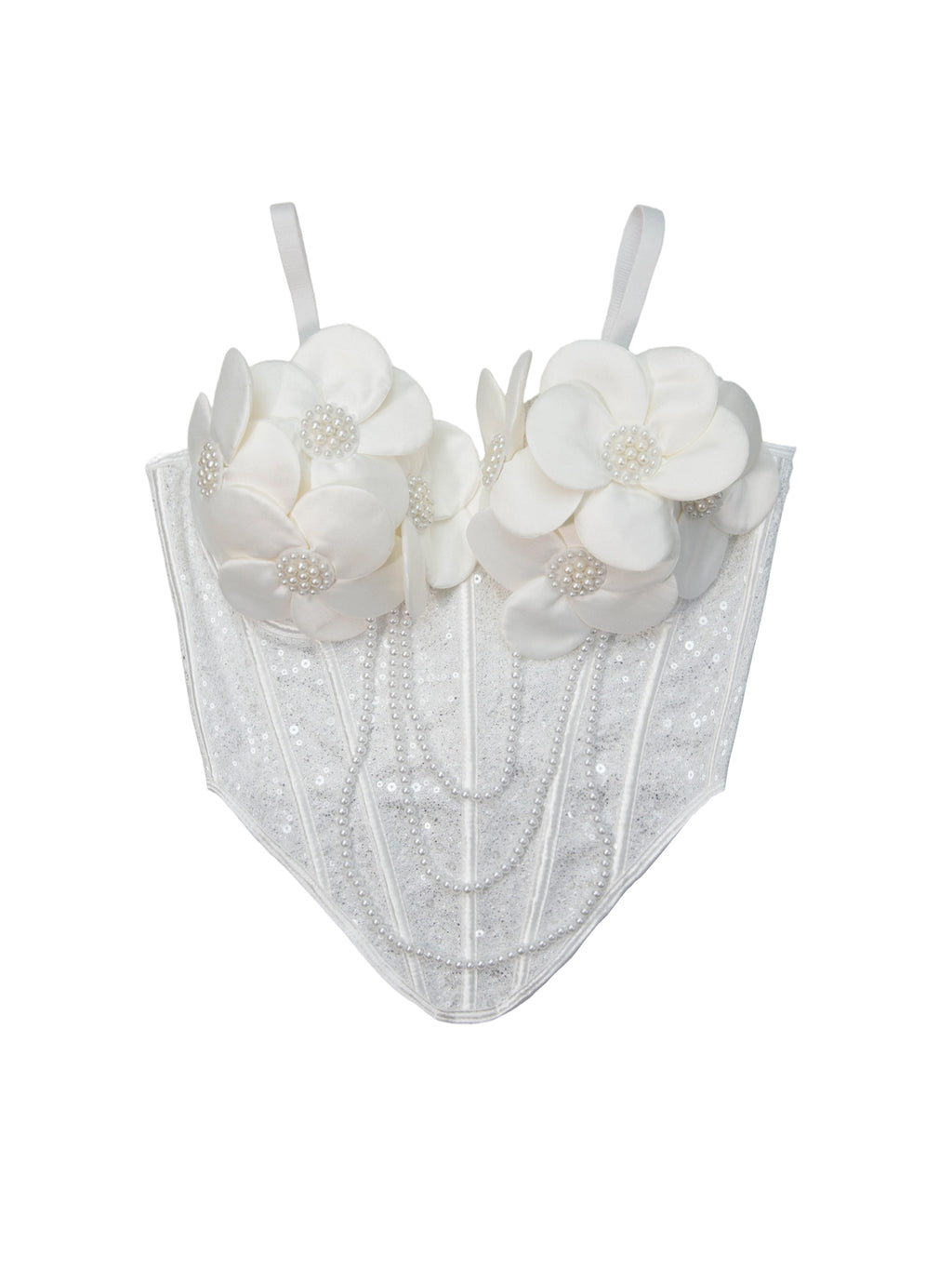 Ivory Pearl Blossom Corset – 3D Floral Sequin Bustier