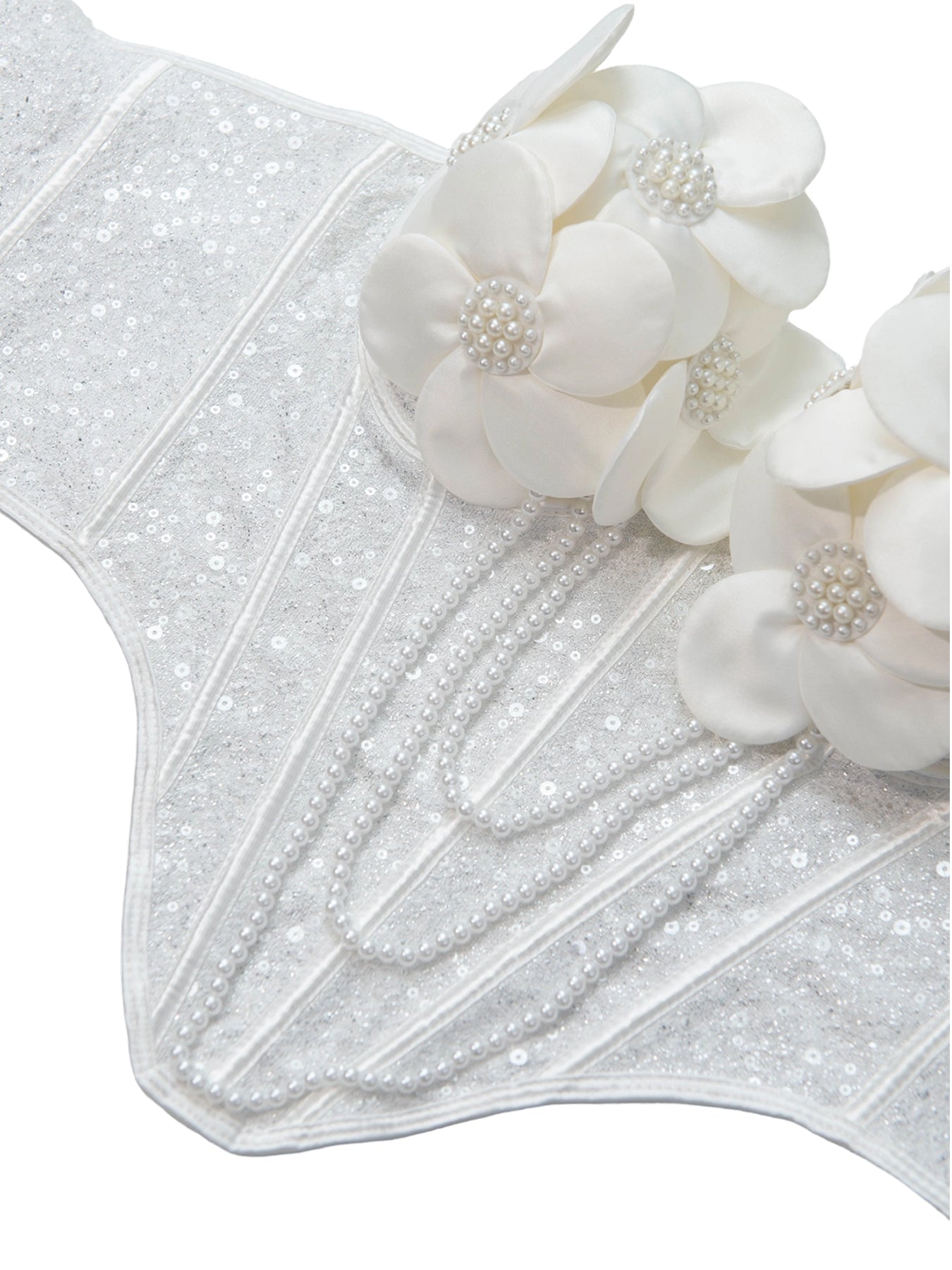 Ivory Pearl Blossom Corset – 3D Floral Sequin Bustier