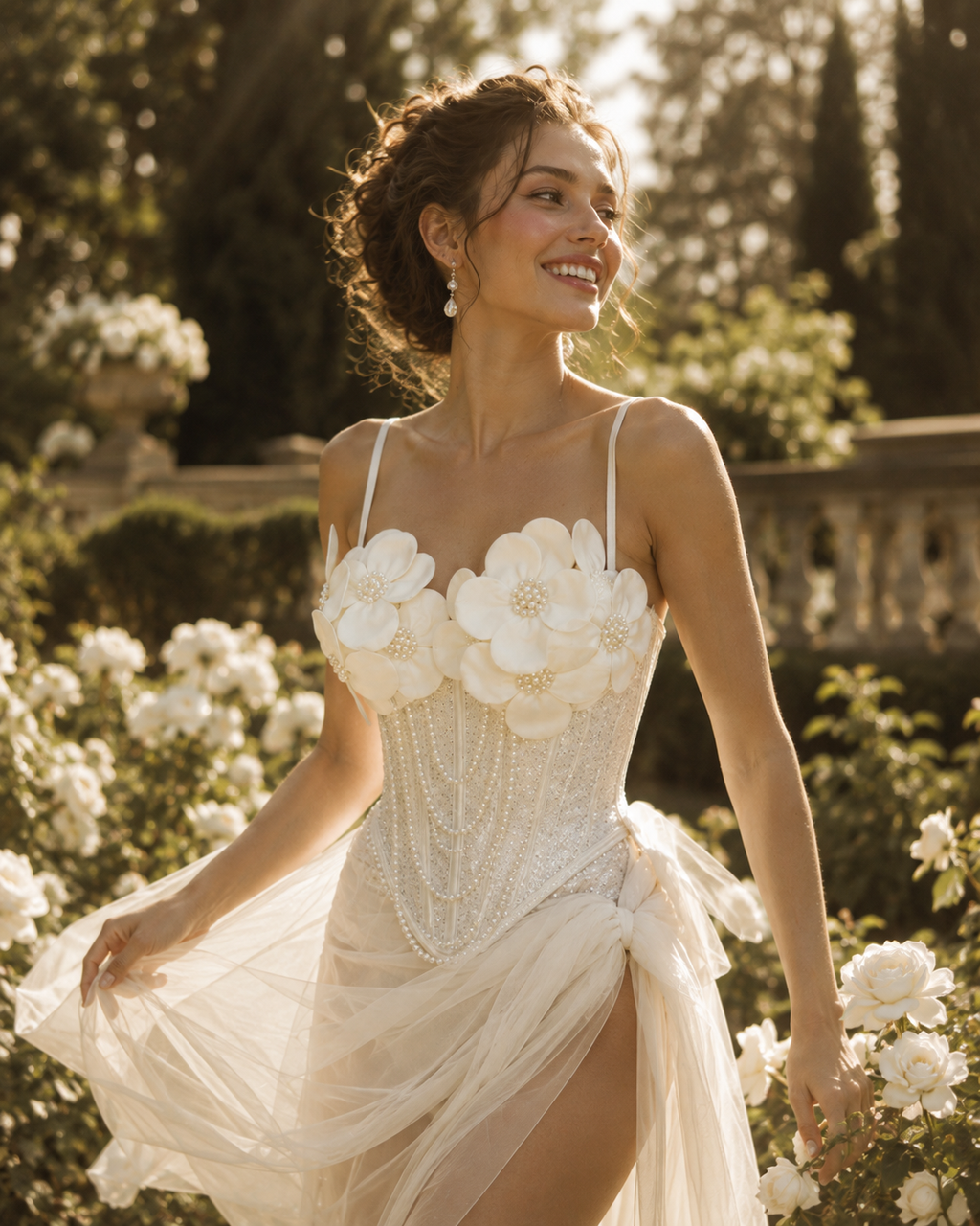 Ivory Pearl Blossom Corset – 3D Floral Sequin Bustier