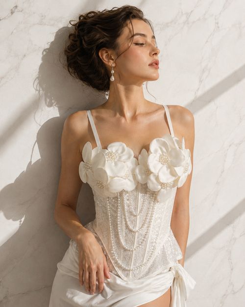 Ivory Pearl Blossom Corset – 3D Floral Sequin Bustier