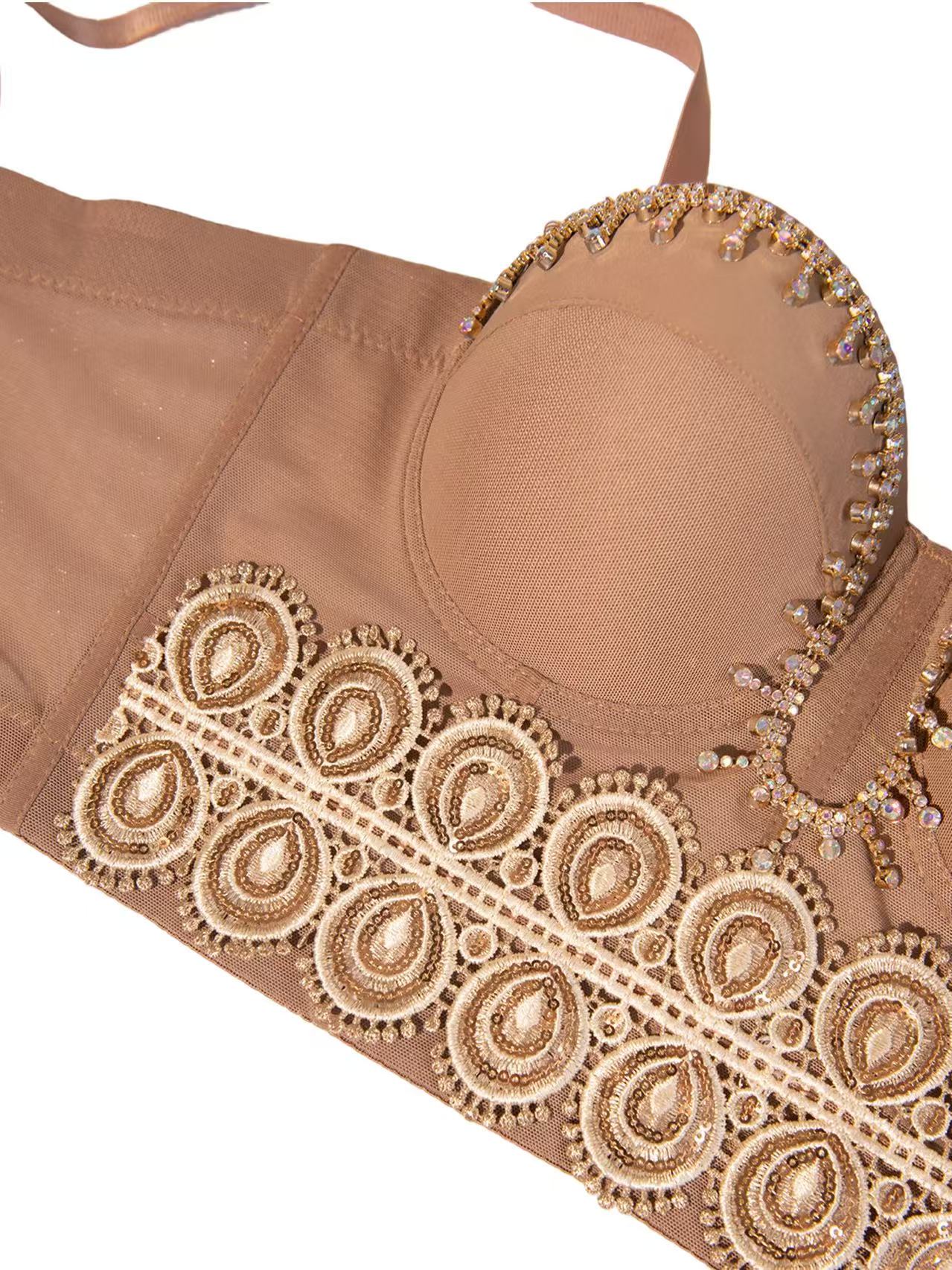 Élysée Crystal Corset Luxury Mocha Crystal Embellished Lace Corset