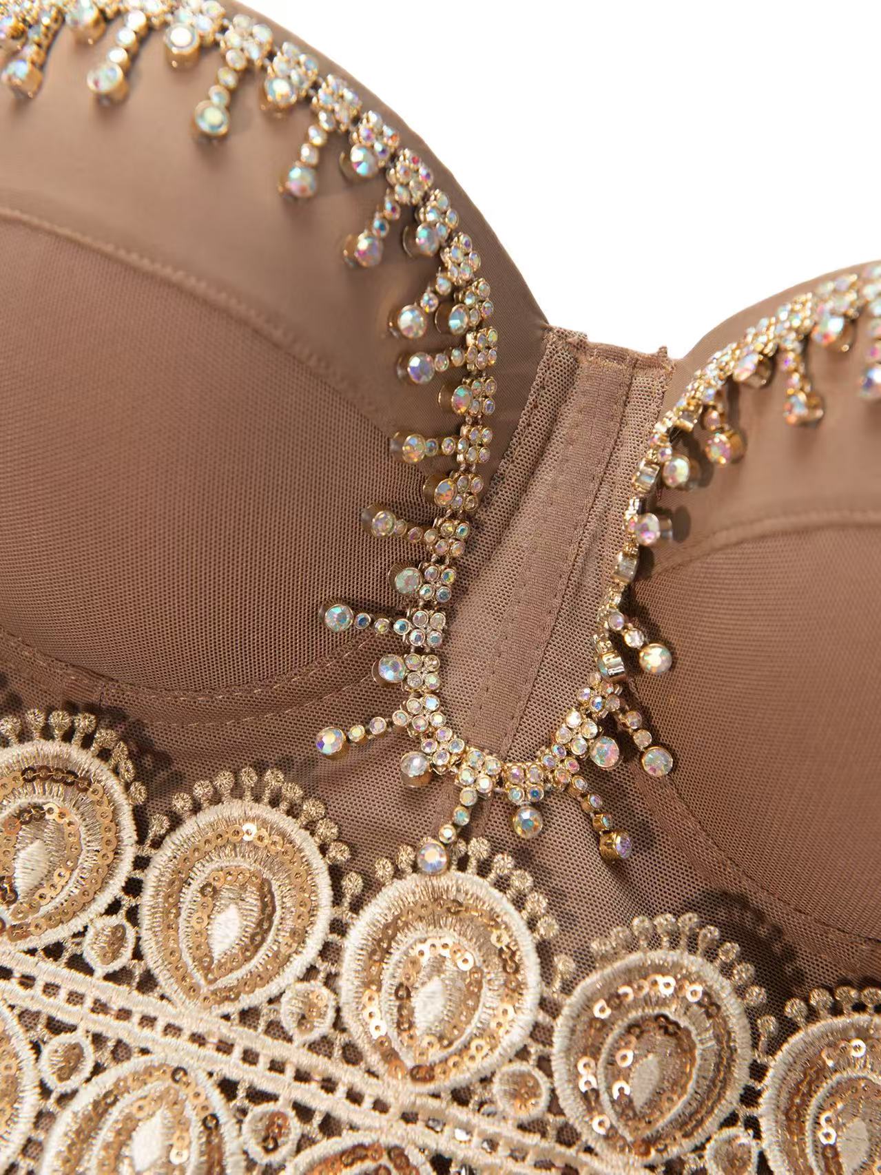Élysée Crystal Corset Luxury Mocha Crystal Embellished Lace Corset
