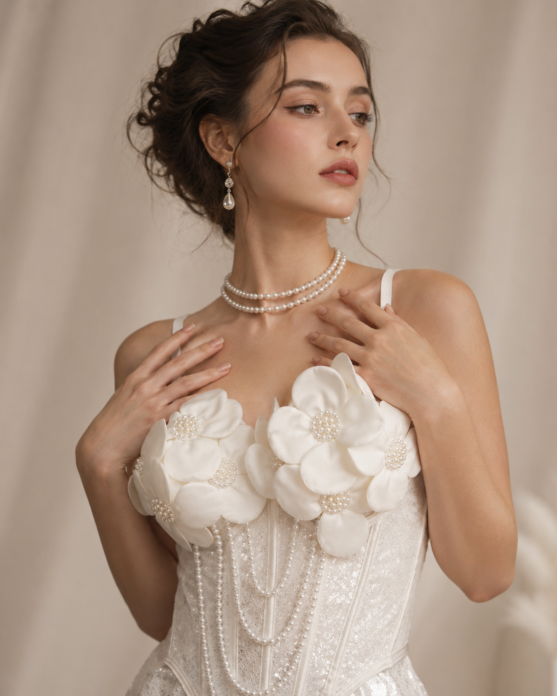 Ivory Pearl Blossom Corset – 3D Floral Sequin Bustier